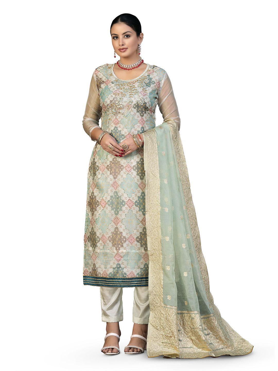 manvaa embellished organza unstitched dress material