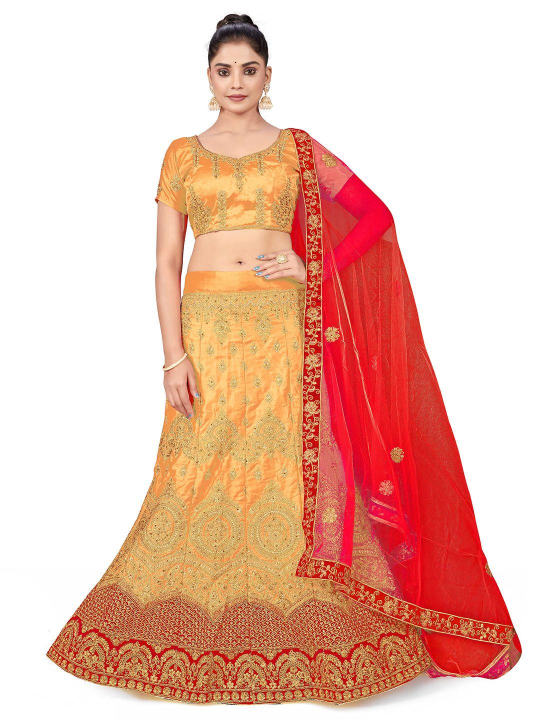 manvaa embroidered satin semi stitched lehenga & unstitched blouse with dupatta