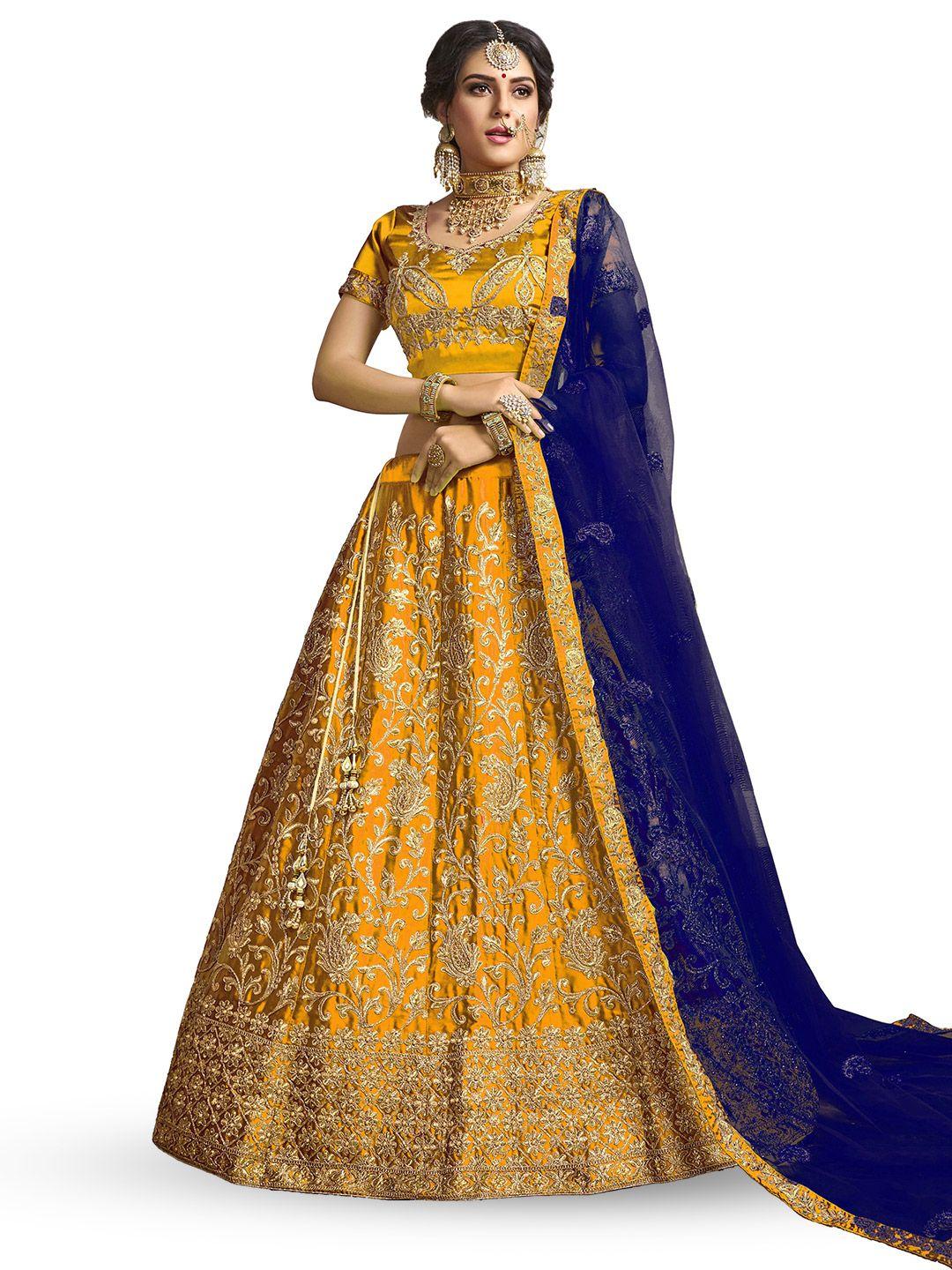 manvaa embroidered semi-stitched satin lehenga & unstitched blouse with dupatta