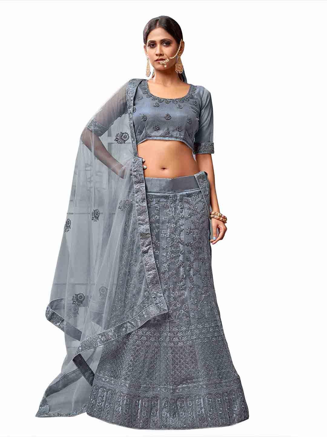 manvaa embroidered thread work semi-stitched lehenga & unstitched blouse with dupatta