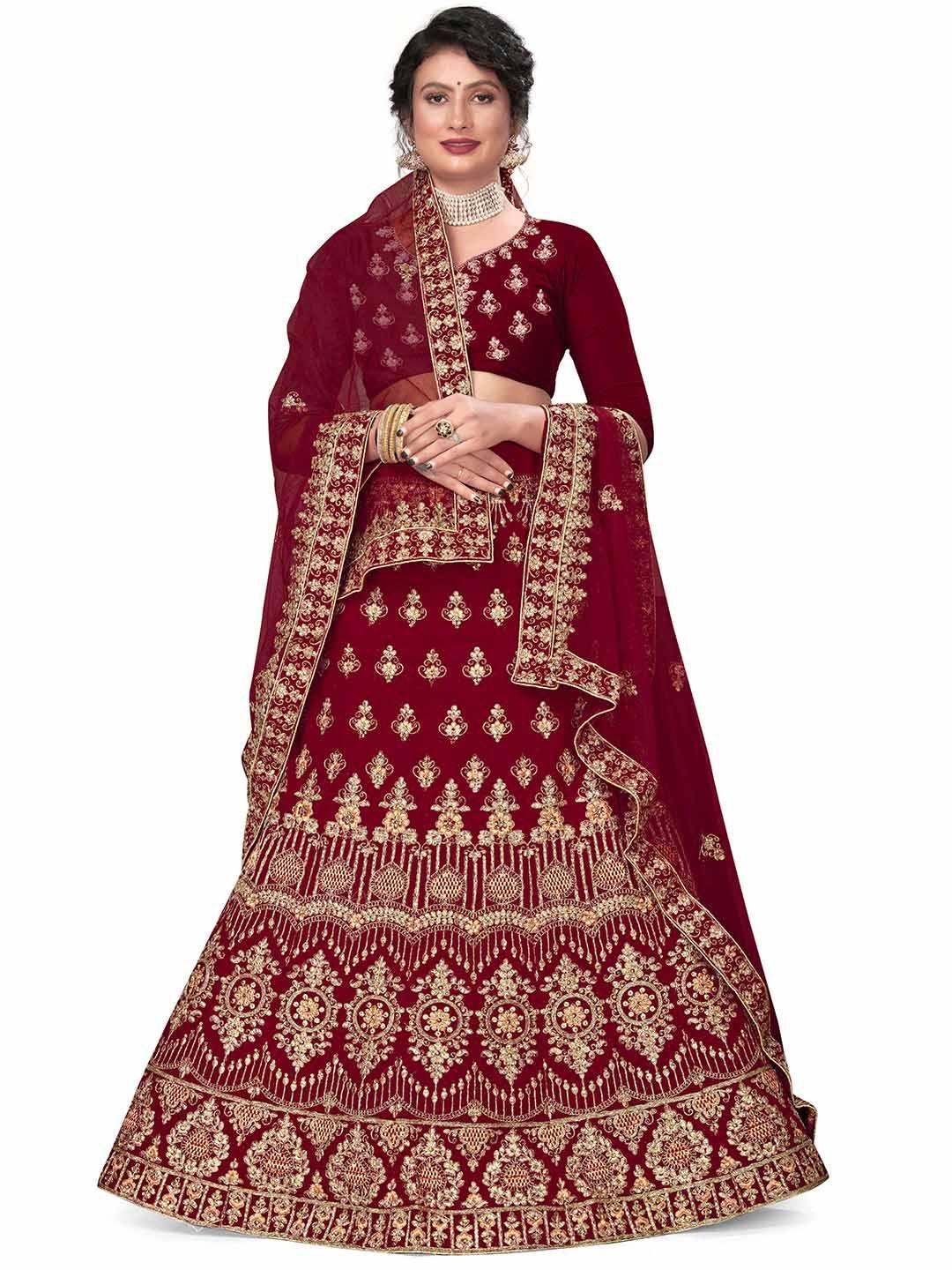 manvaa embroidered velvet semi stitched lehenga & unstitched blouse with