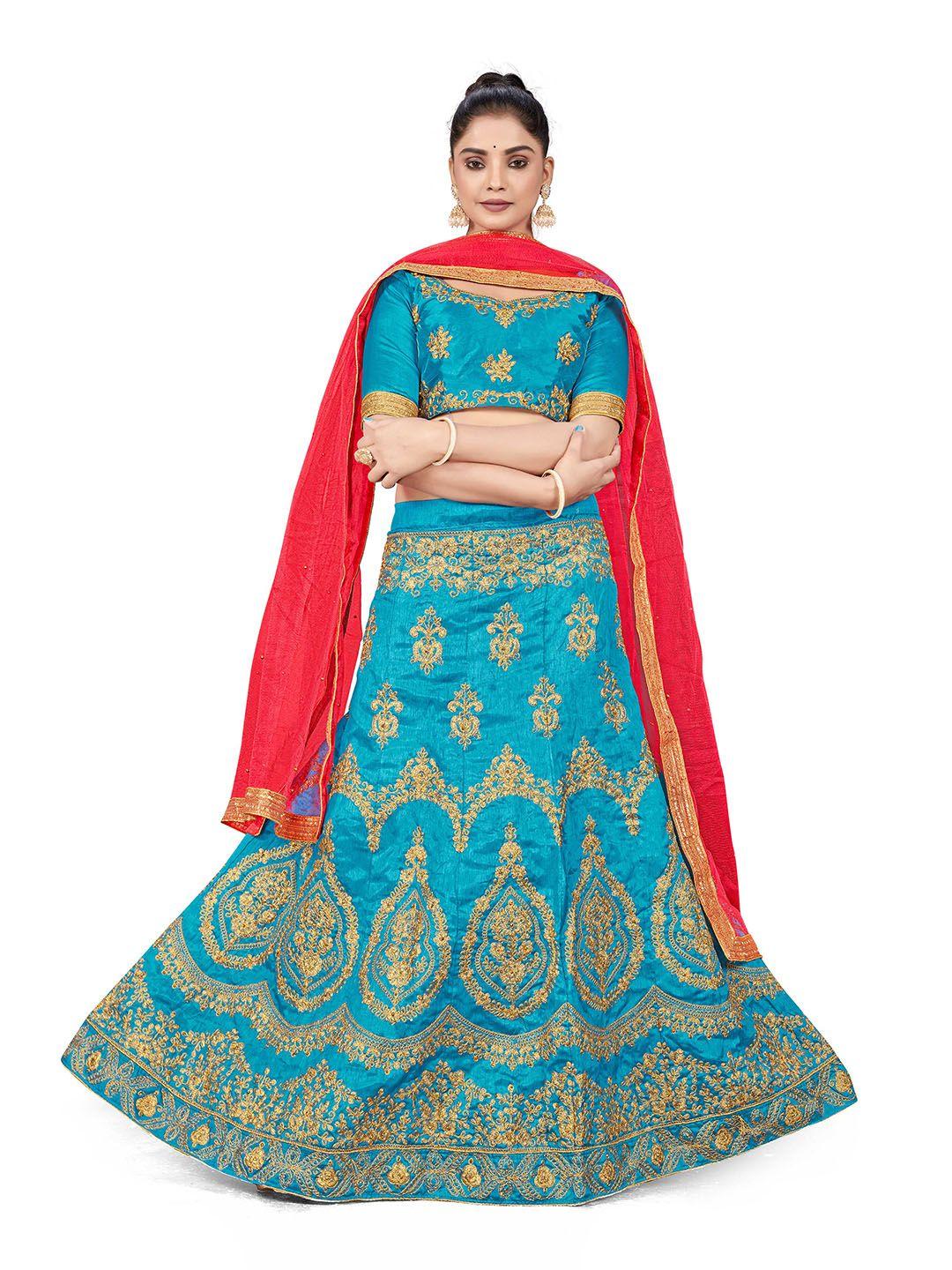 manvaa embroidered zari semi-stitched silk lehenga & unstitched blouse with dupatta