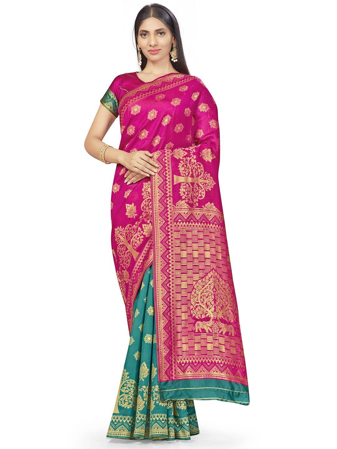 manvaa ethnic motifs woven design zari half and half banarasi saree