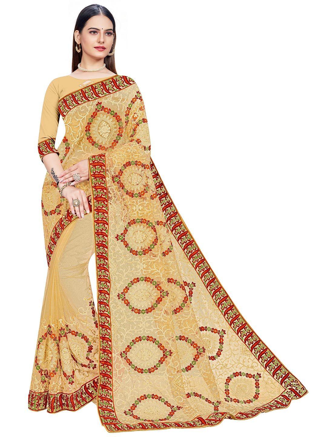 manvaa floral embellished embroidered net banarasi saree