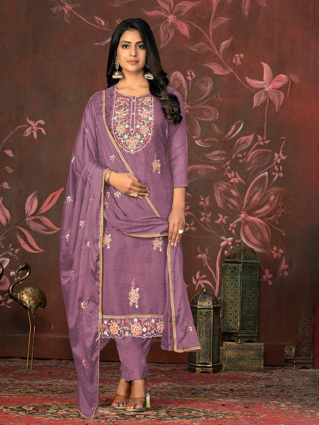 manvaa floral embroidered organza unstitched dress material