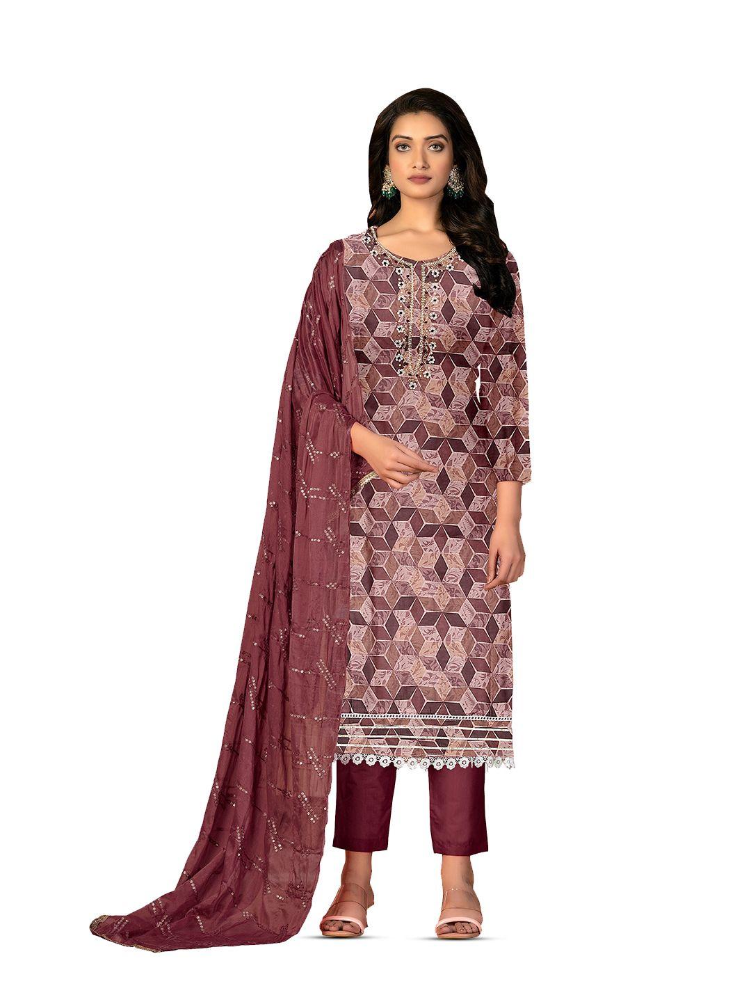 manvaa geometric printed embroidered unstitched dress material
