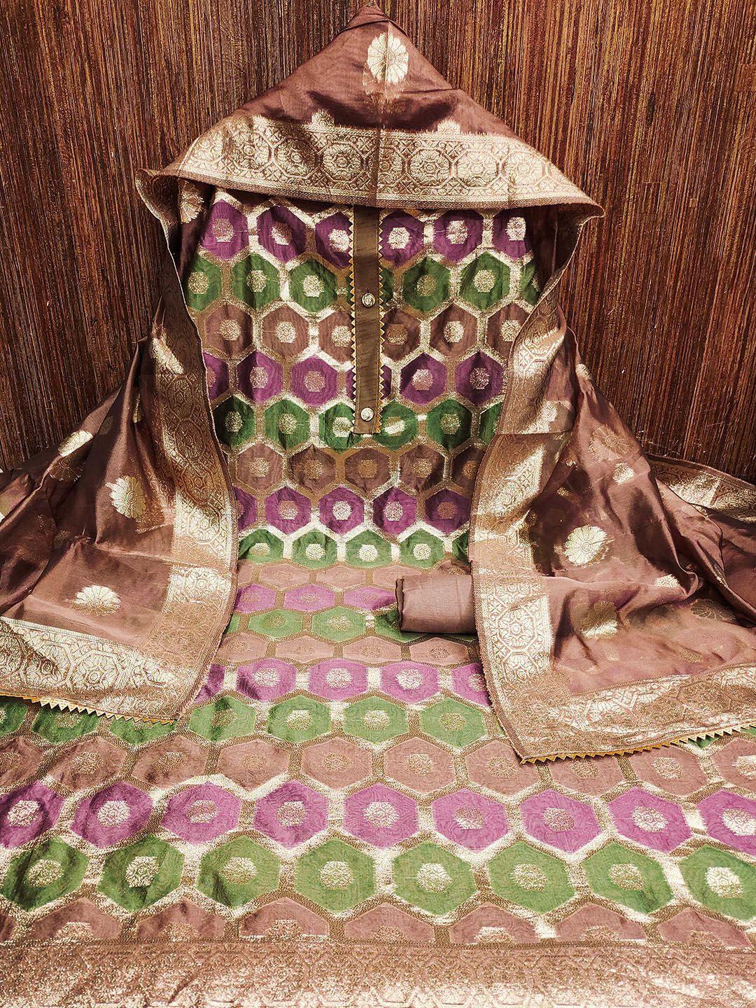 manvaa geometric woven design organza banarasi jacquard unstitched dress material