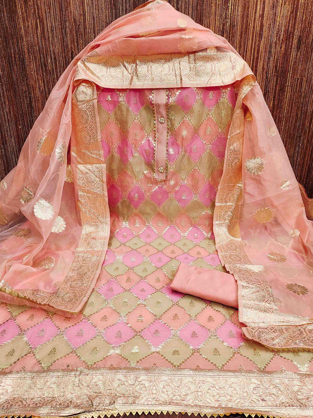 manvaa geometric woven design organza unstitched dress material