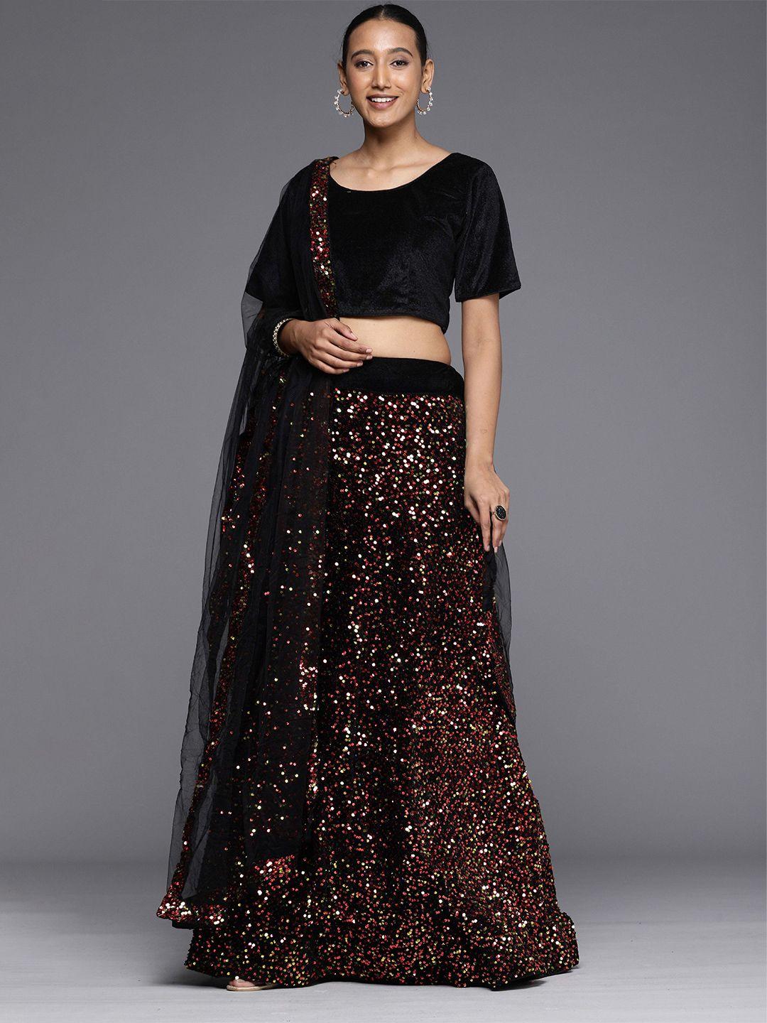 manvaa gold-toned & black embellished sequinned semi-stitched lehenga & unstitched blouse with dupatta