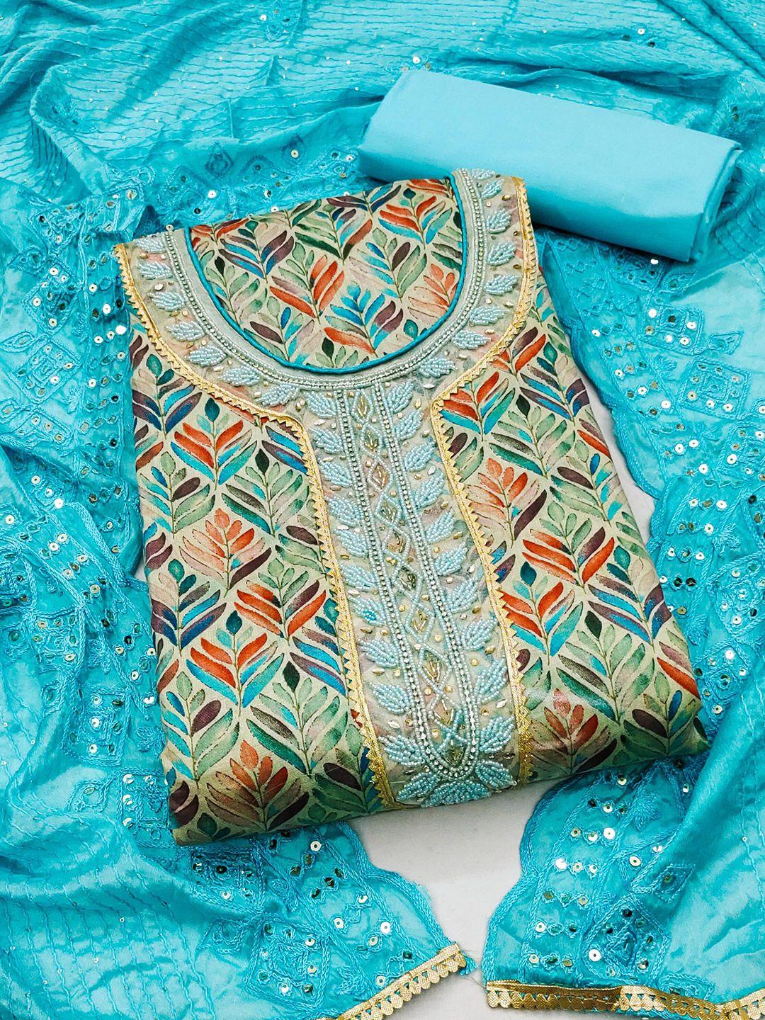 manvaa green & blue embroidered pure cotton unstitched dress material