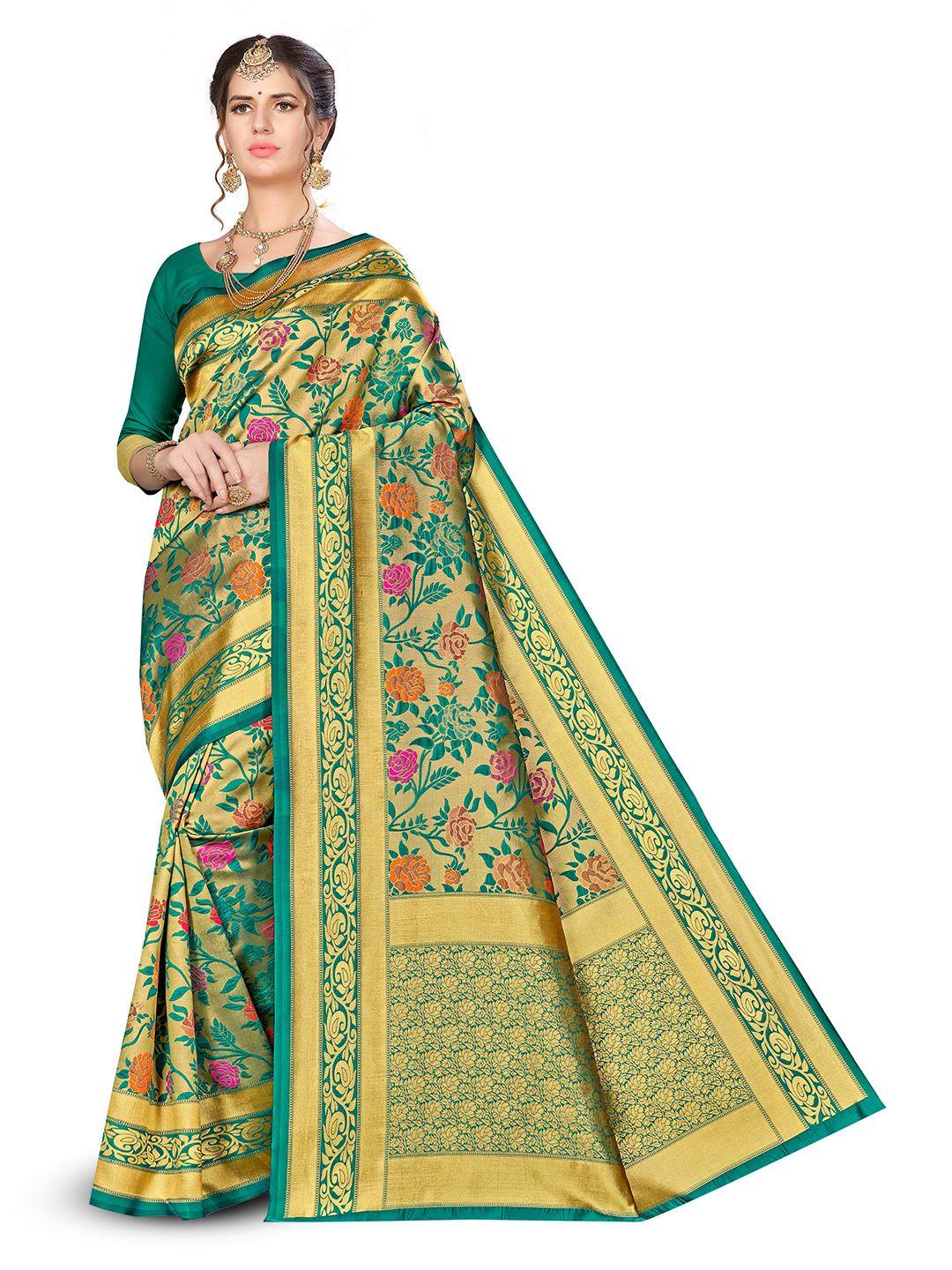 manvaa green & gold-toned floral zari silk blend banarasi saree