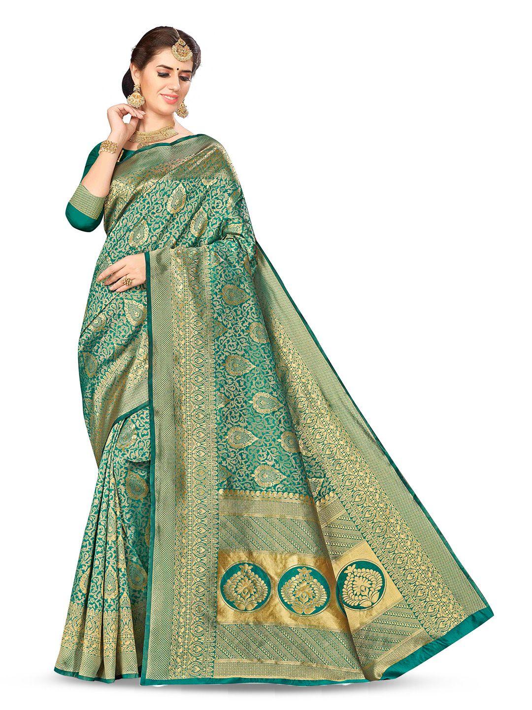 manvaa green & gold-toned woven design zari silk blend banarasi saree