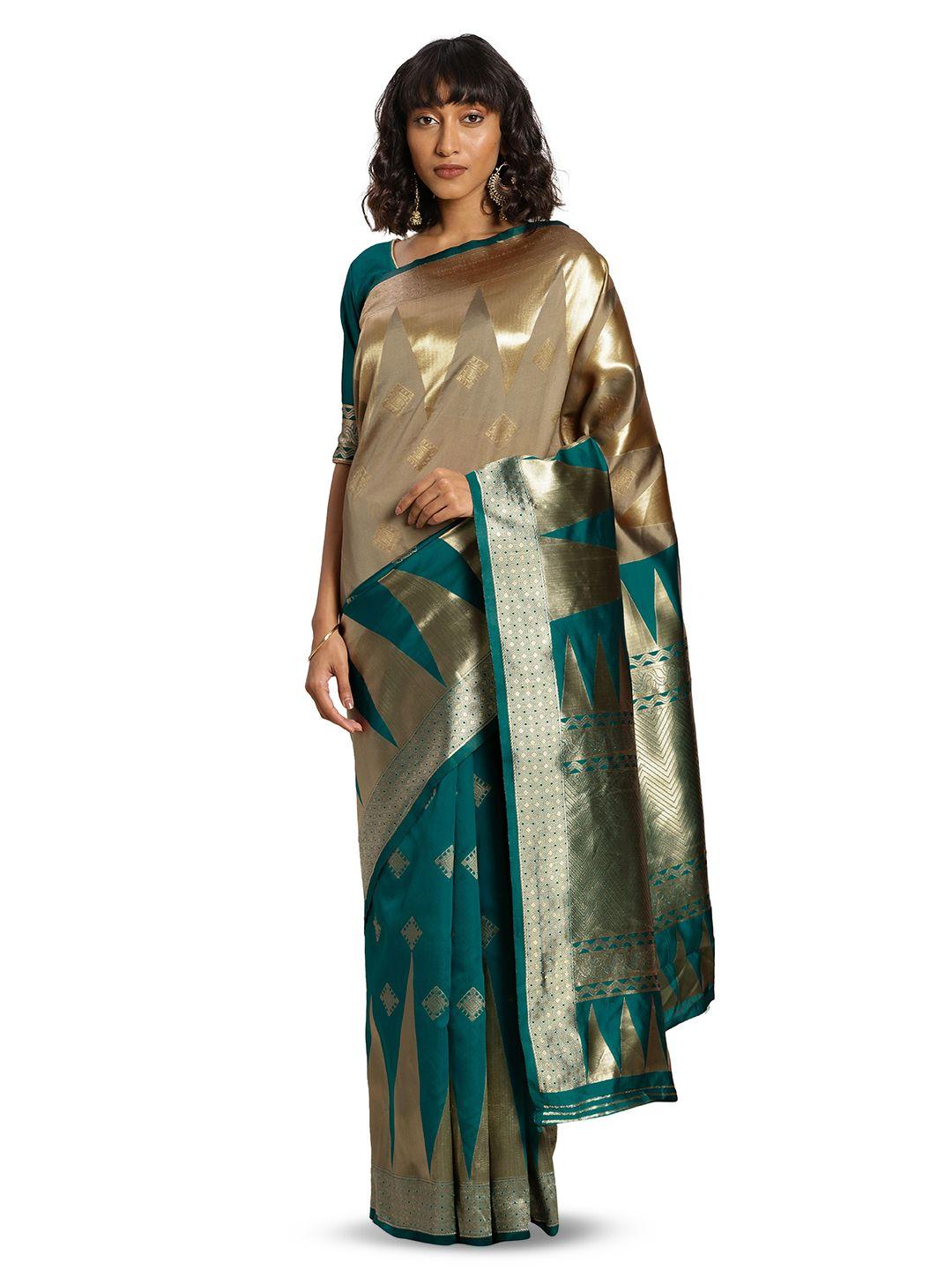 manvaa green & gold-toned woven design zari silk blend banarasi saree