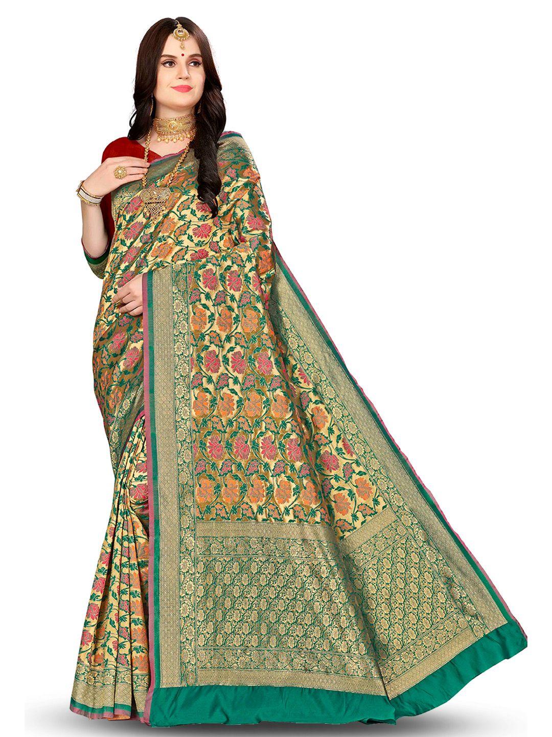 manvaa green & gold-toned woven design zari silk blend banarasi saree