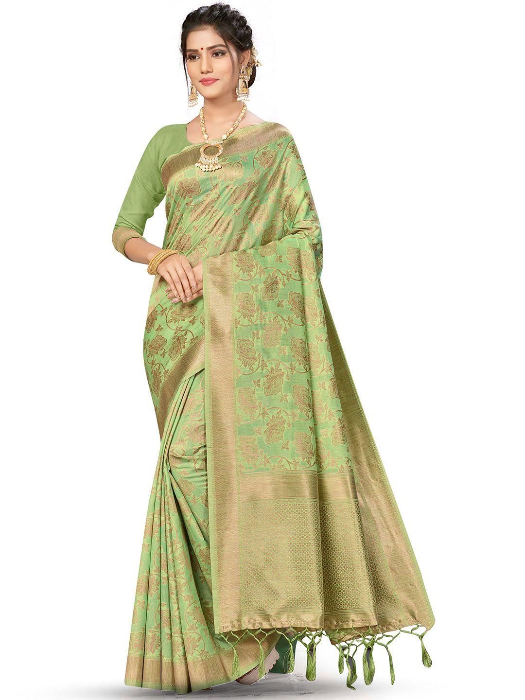 manvaa green & gold-toned woven design zari silk blend banarasi saree