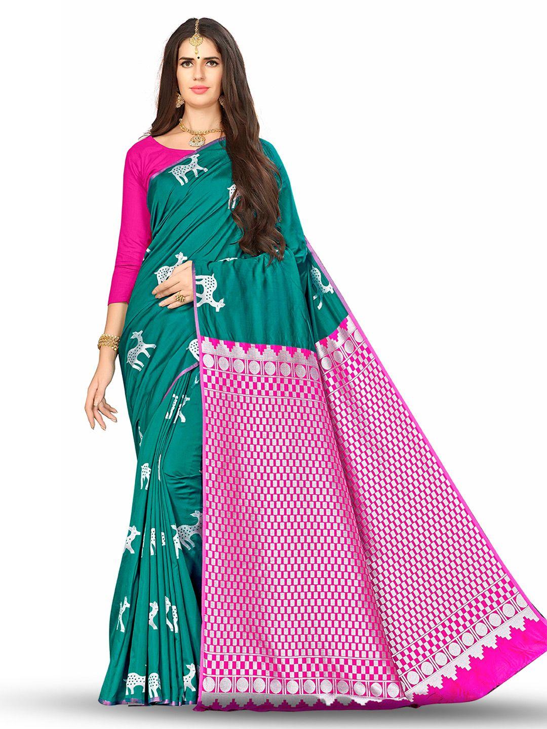 manvaa green & pink woven design silk blend banarasi saree