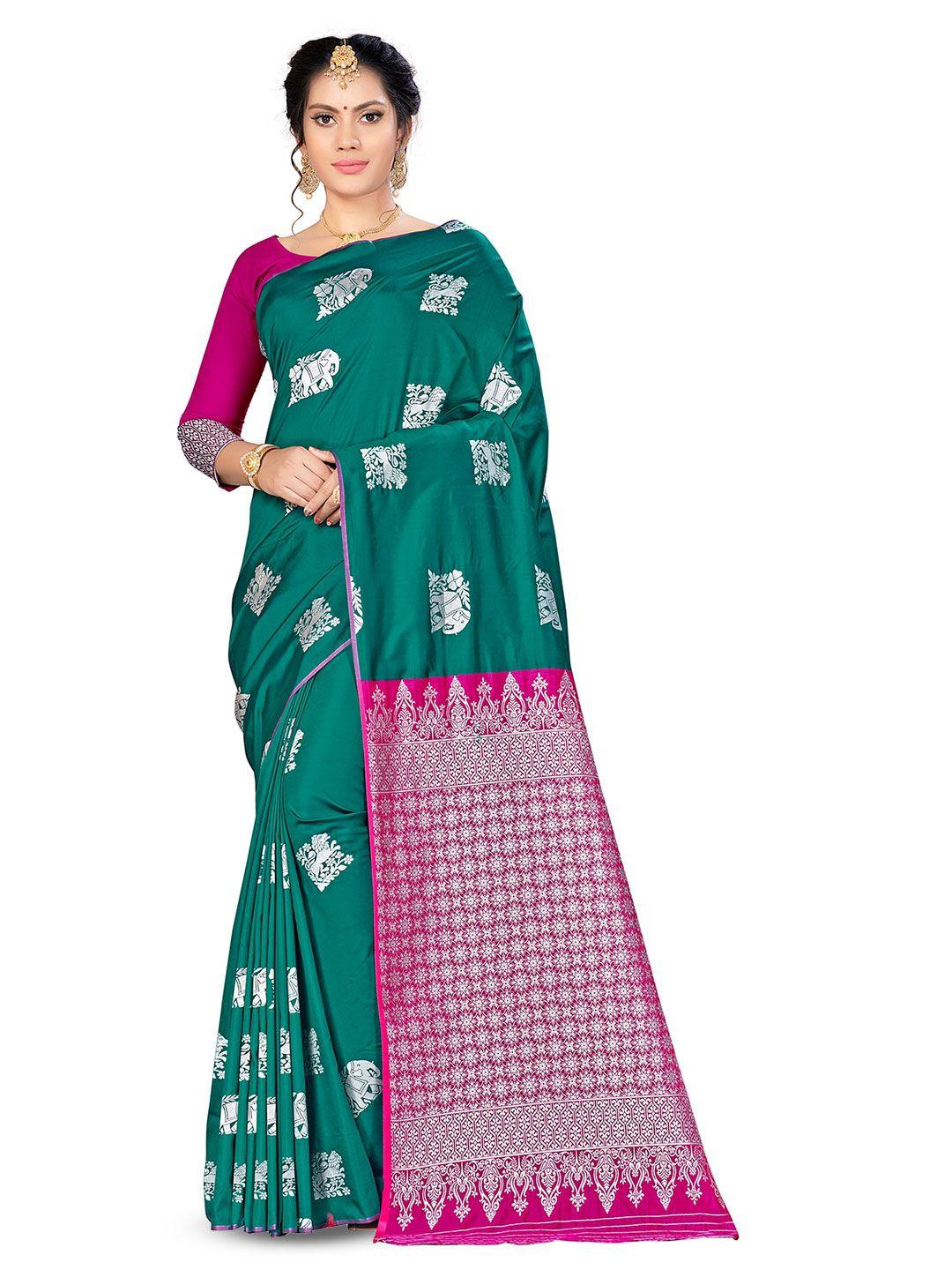 manvaa green & pink woven design zari silk blend banarasi saree