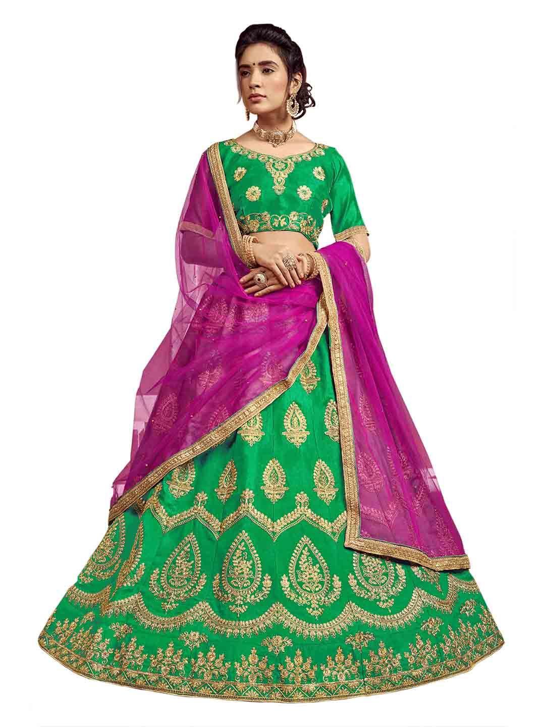 manvaa green & purple embroidered thread work semi-stitched lehenga & unstitched blouse with dupatta