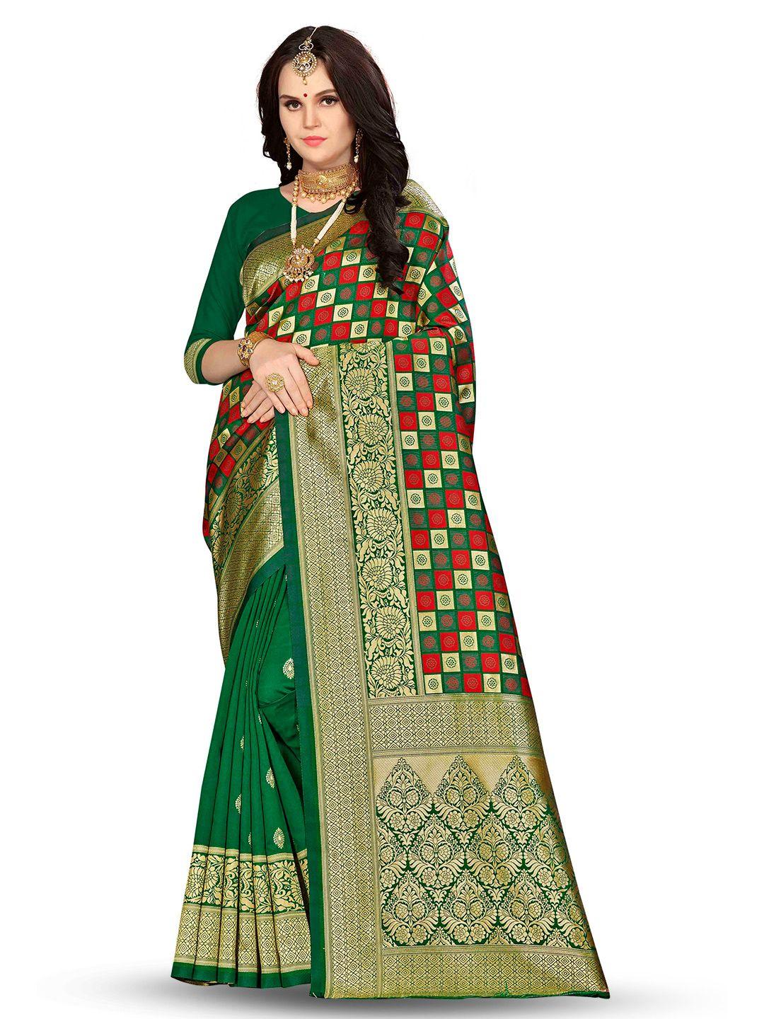 manvaa green & red woven design zari silk blend banarasi saree