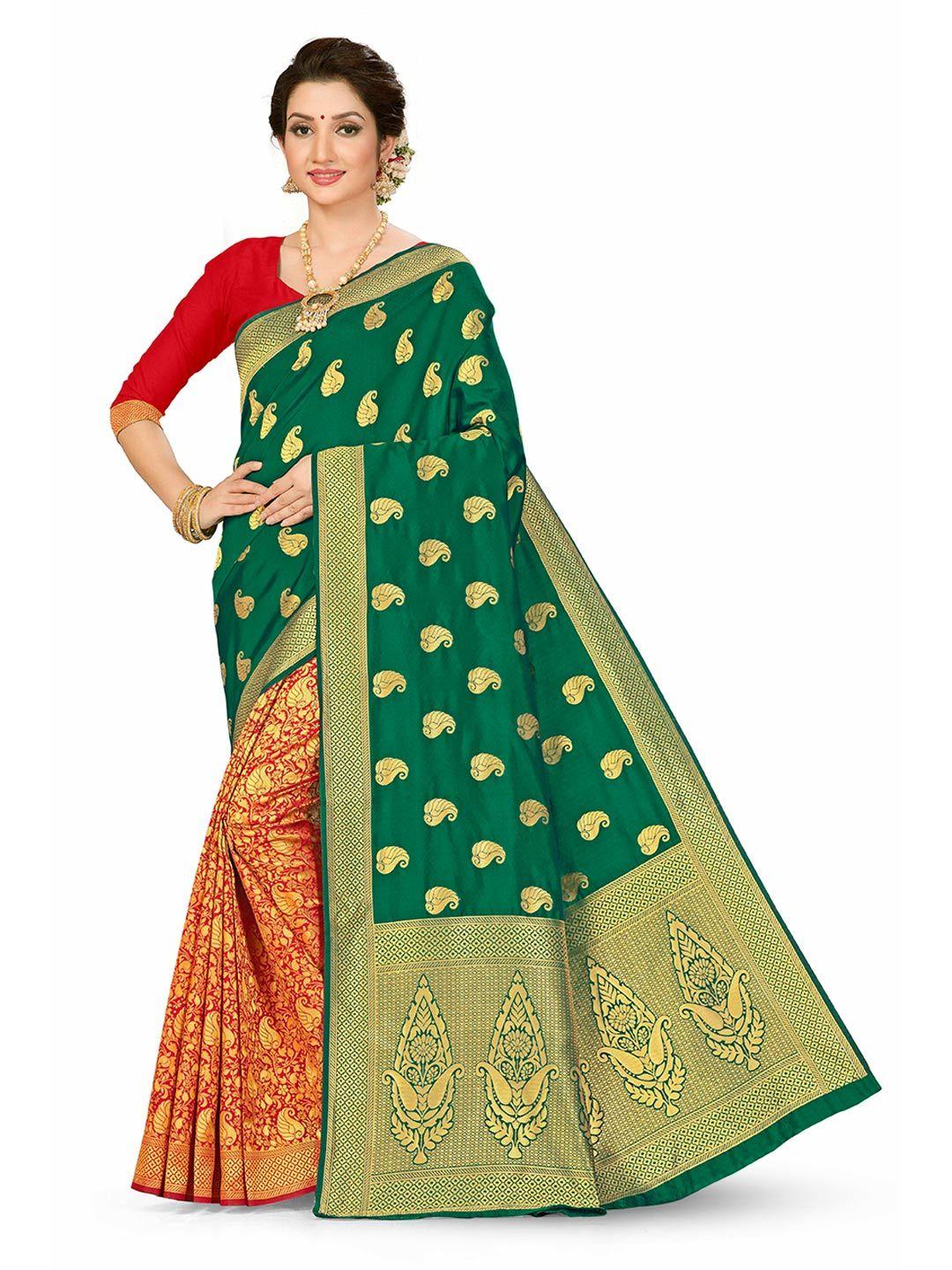 manvaa green & red woven design zari silk blend half and half banarasi saree