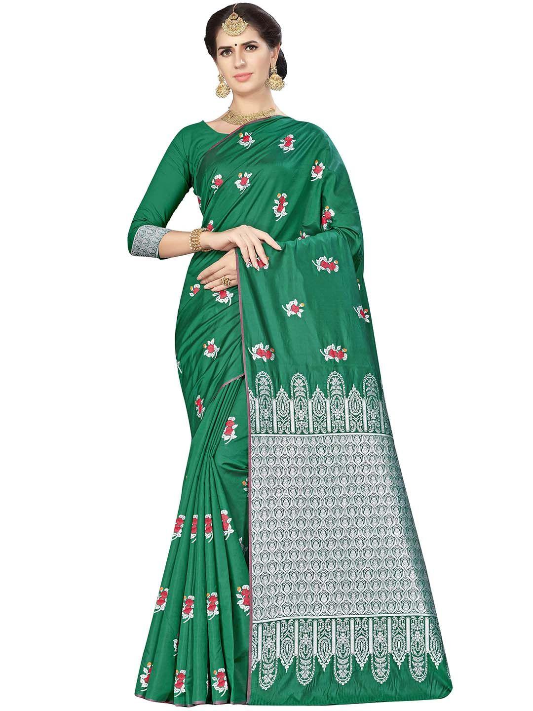 manvaa green & silver-toned woven design zari silk blend banarasi saree