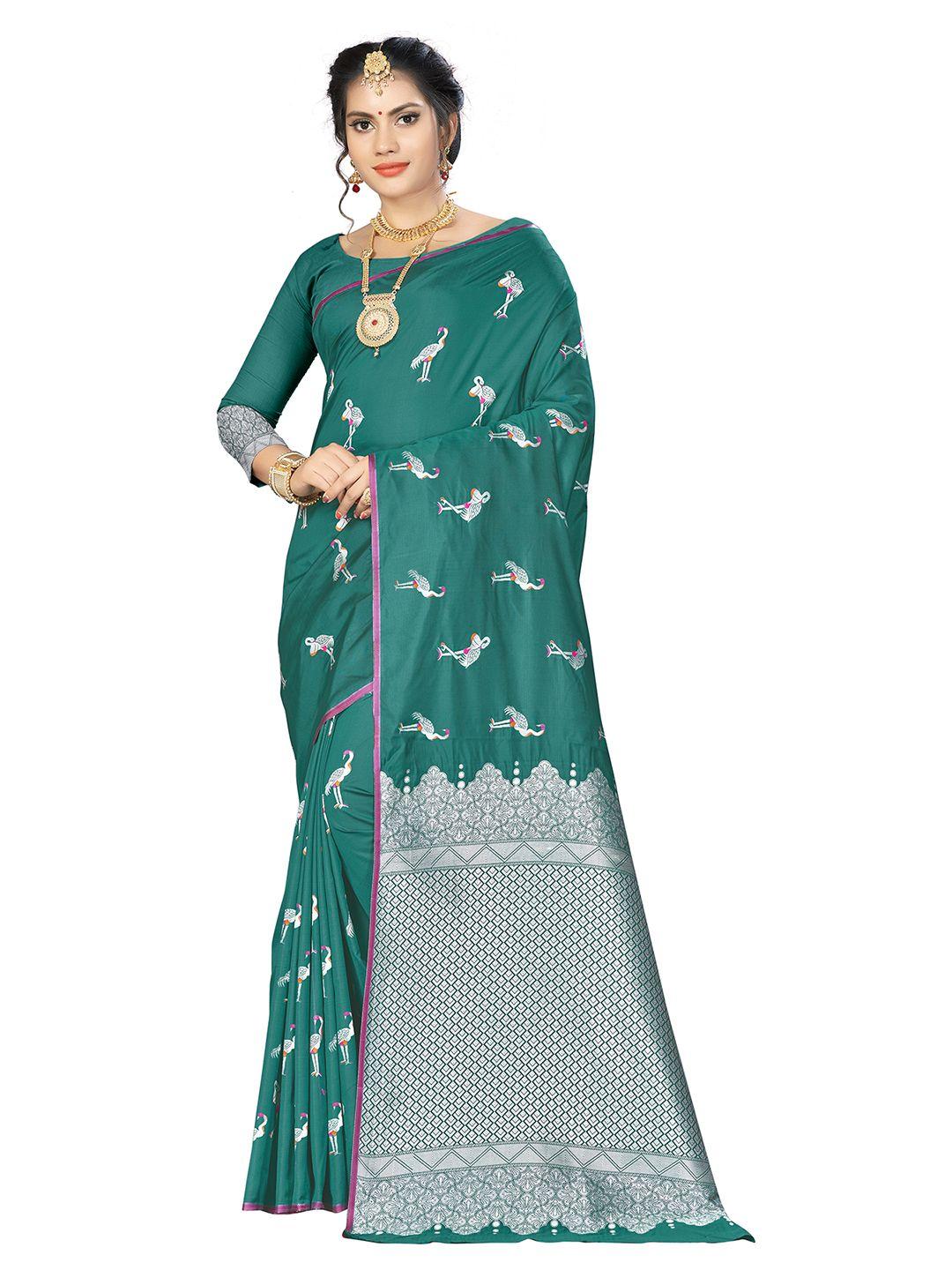 manvaa green & silver-toned woven design zari silk blend banarasi saree