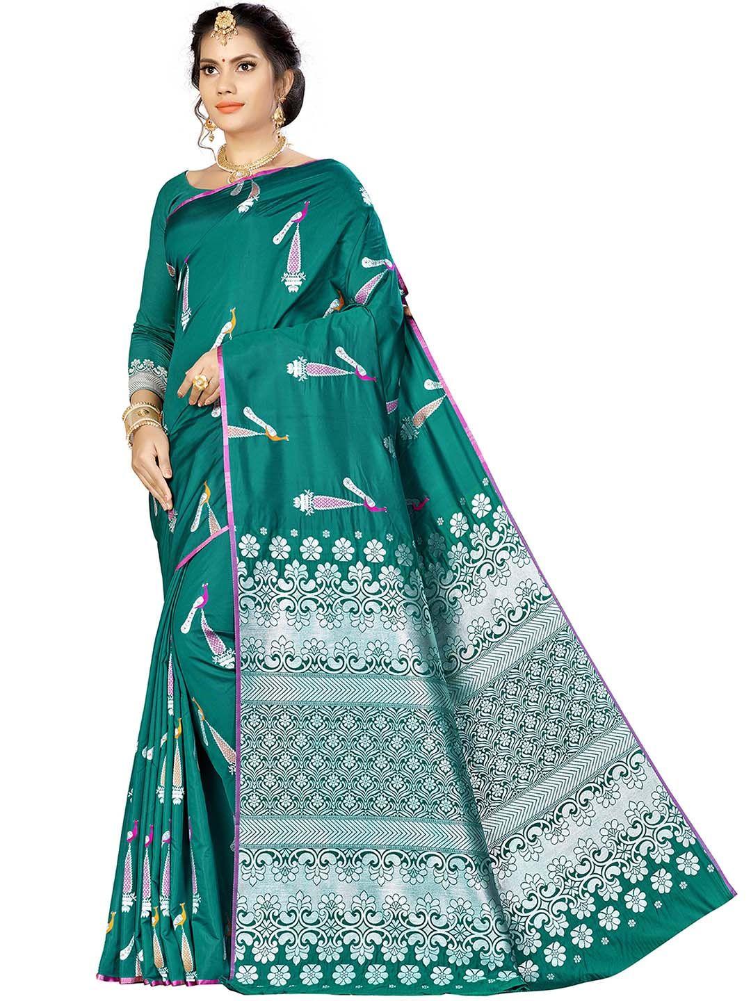 manvaa green & silver-toned woven design zari silk blend banarasi saree