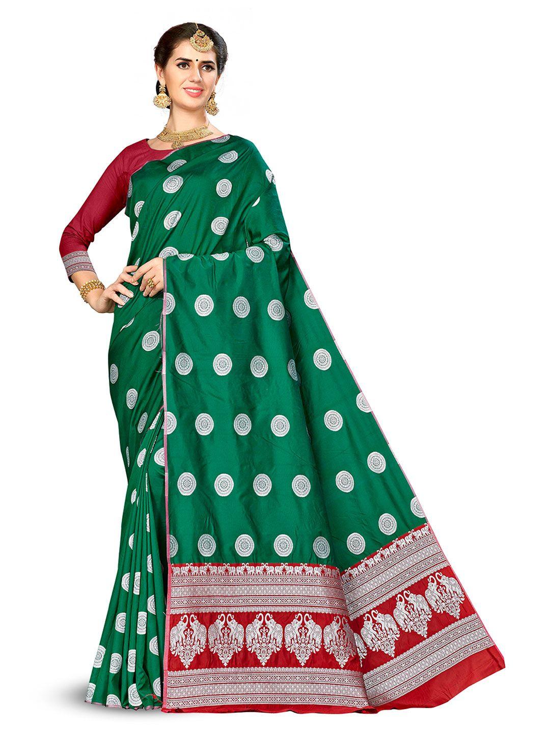 manvaa green & white woven design silk blend banarasi saree