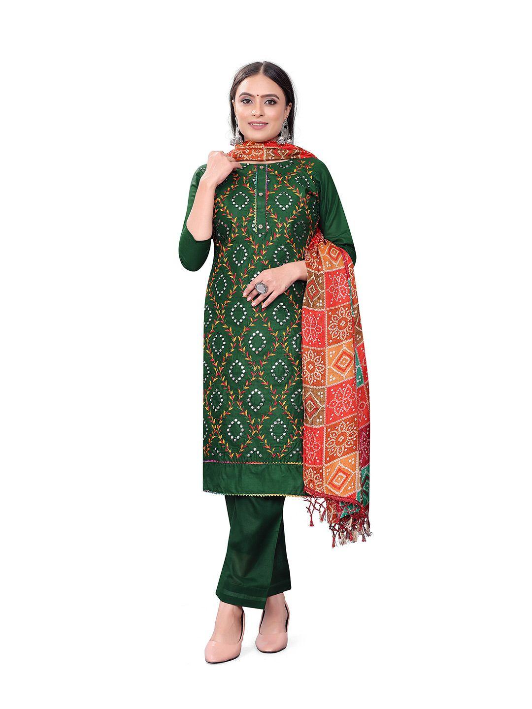 manvaa green embroidered unstitched dress material