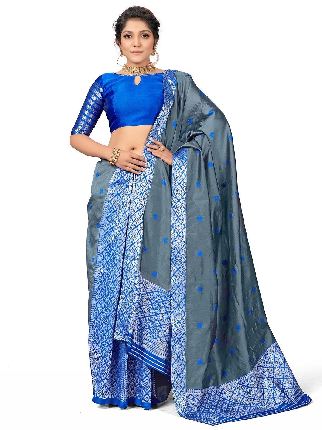 manvaa grey & blue woven design zari pure cotton saree