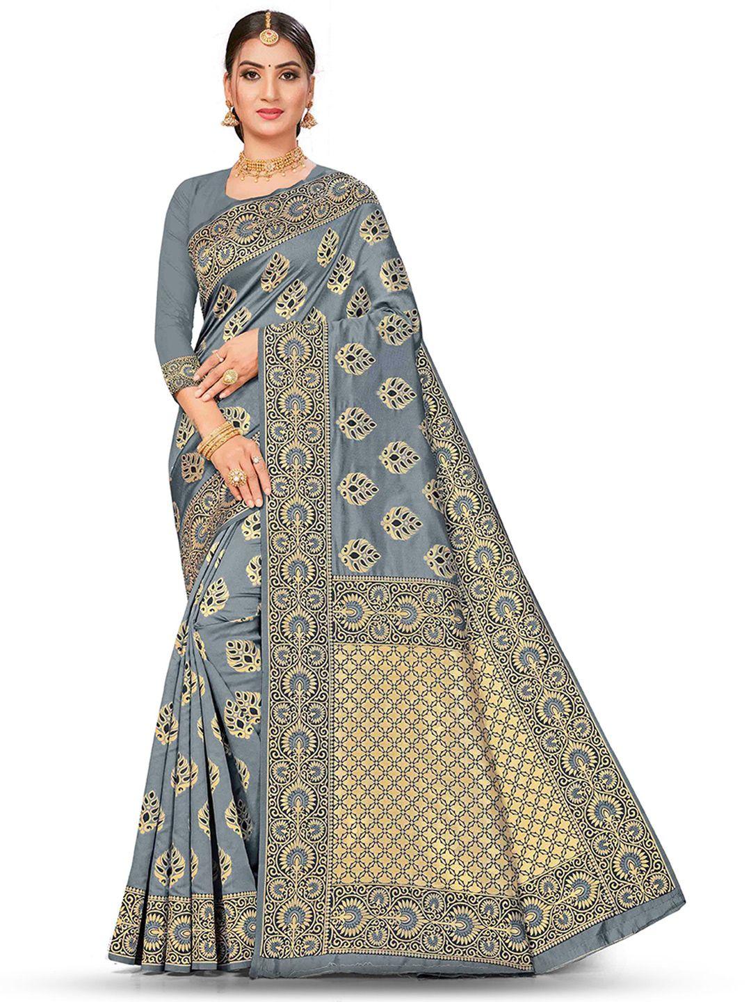 manvaa grey & gold-toned ethnic motifs zari silk blend banarasi saree