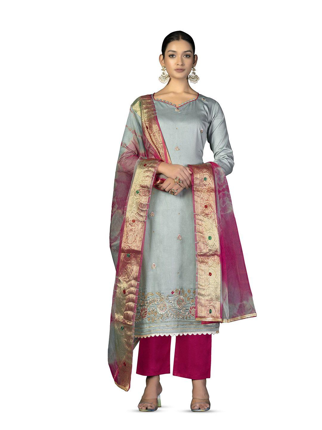 manvaa grey & maroon embellished unstitched dress material
