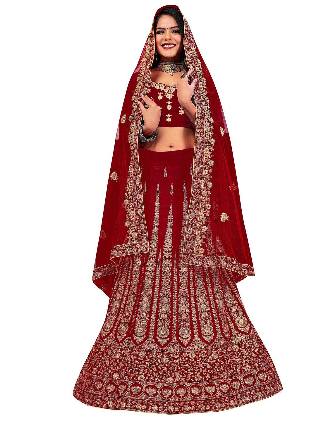 manvaa maroon & gold-toned embroidered beads and stones semi-stitched lehenga & unstitched blouse with