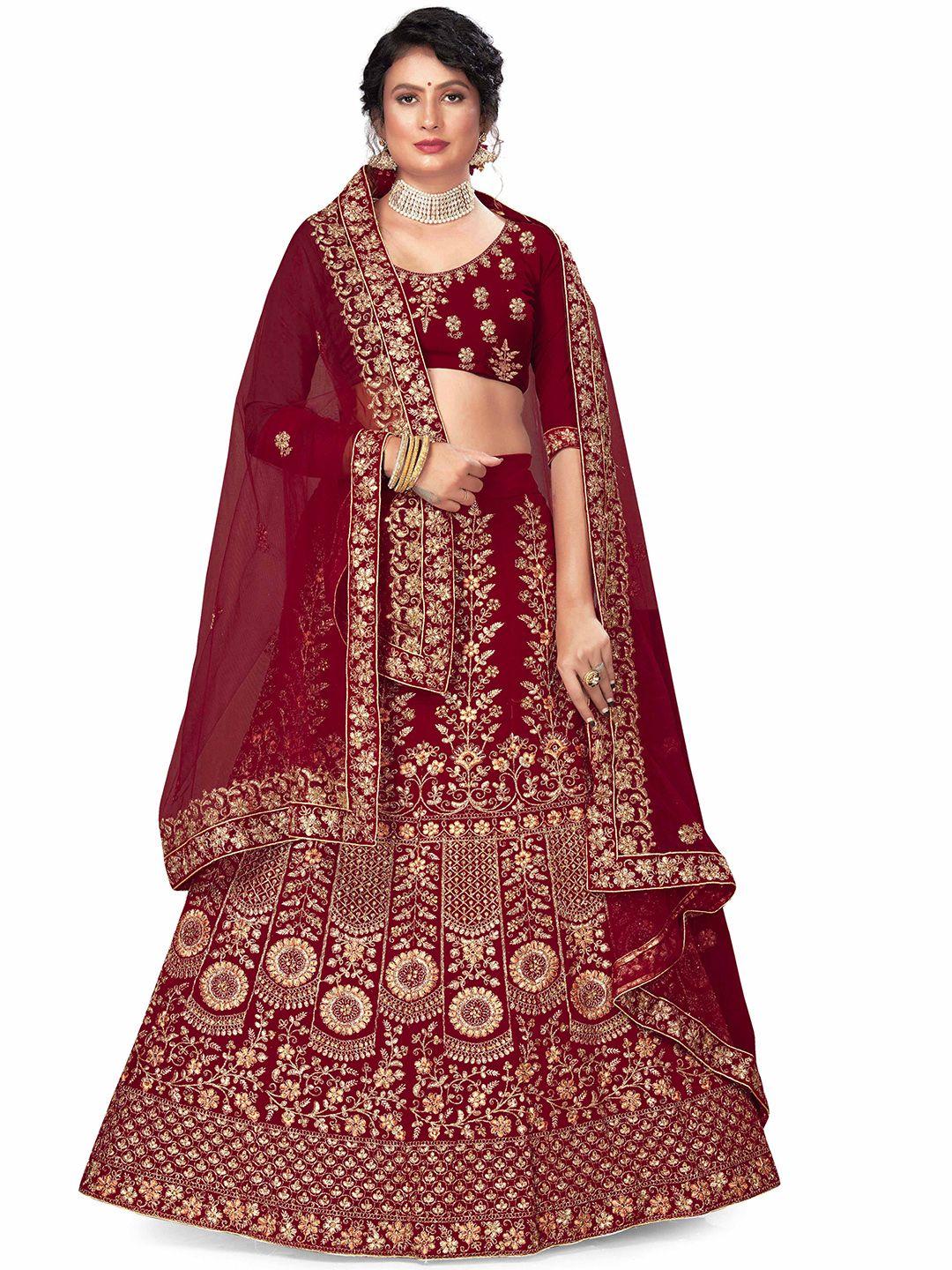 manvaa maroon & gold-toned embroidered beads and stones semi-stitched lehenga & unstitched blouse with