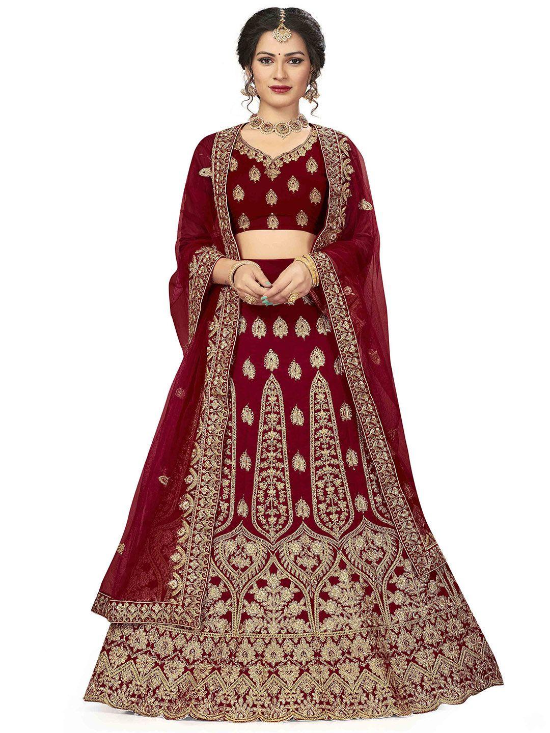 manvaa maroon & gold-toned embroidered thread work semi-stitched lehenga & unstitched blouse with dupatta