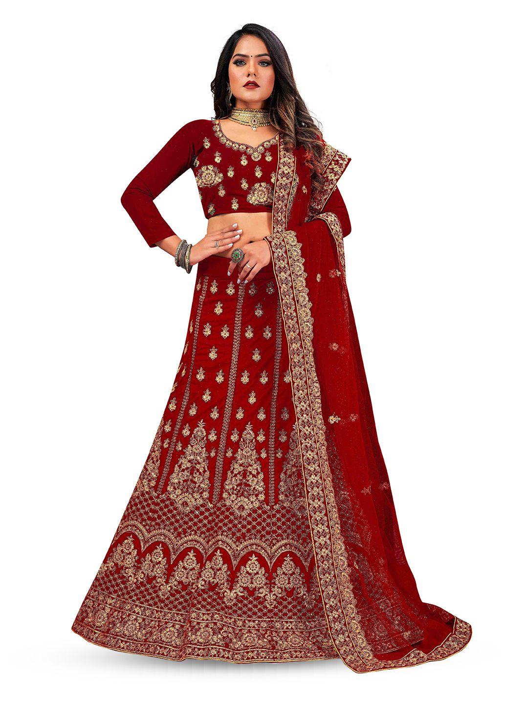 manvaa maroon & gold-toned embroidered thread work semi-stitched lehenga & unstitched blouse with dupatta