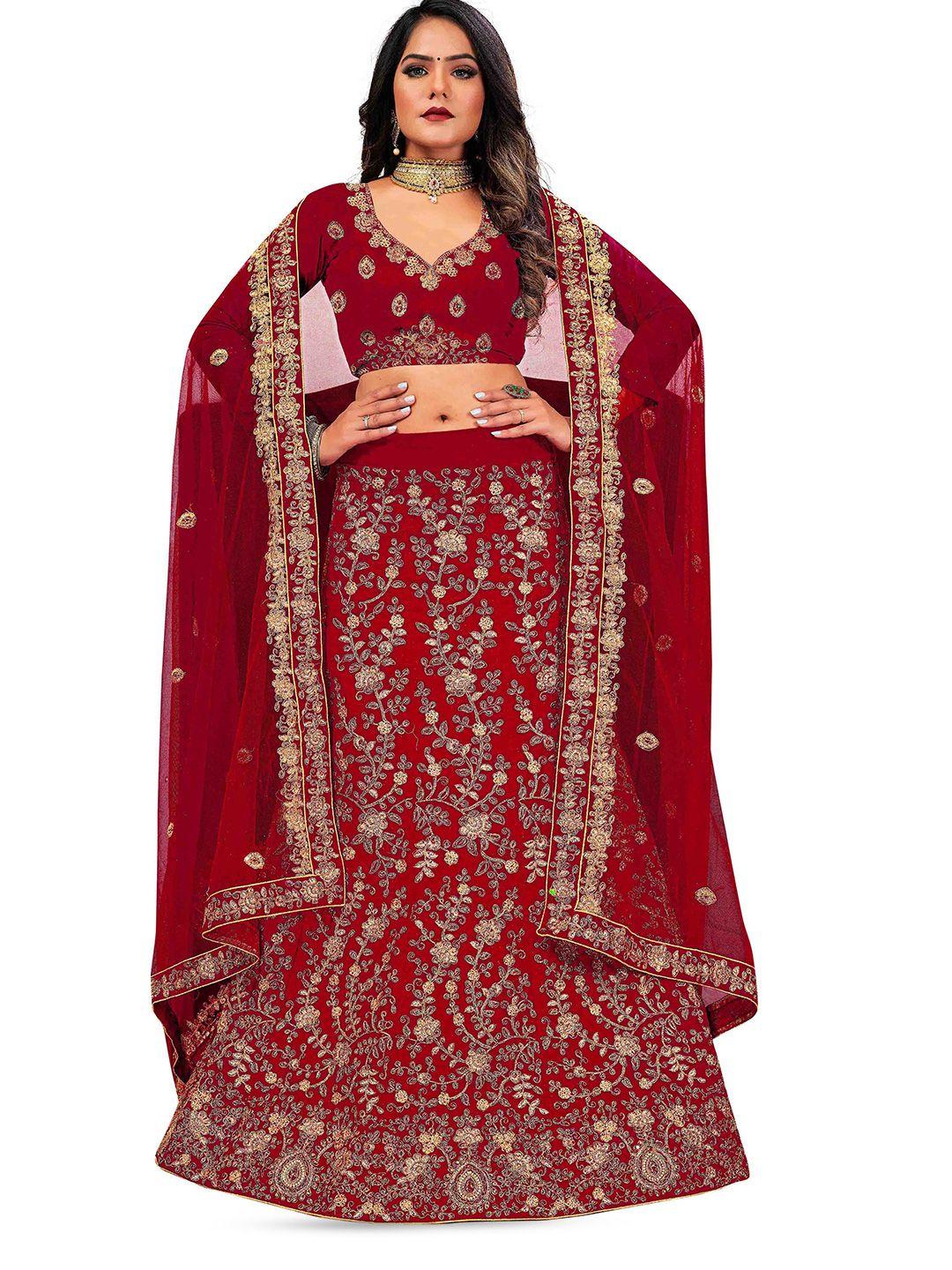 manvaa maroon & gold-toned embroidered thread work semi-stitched lehenga & unstitched blouse with dupatta