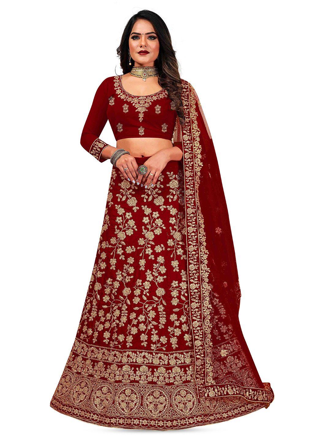 manvaa maroon & gold-toned embroidered thread work semi-stitched lehenga & unstitched blouse with dupatta