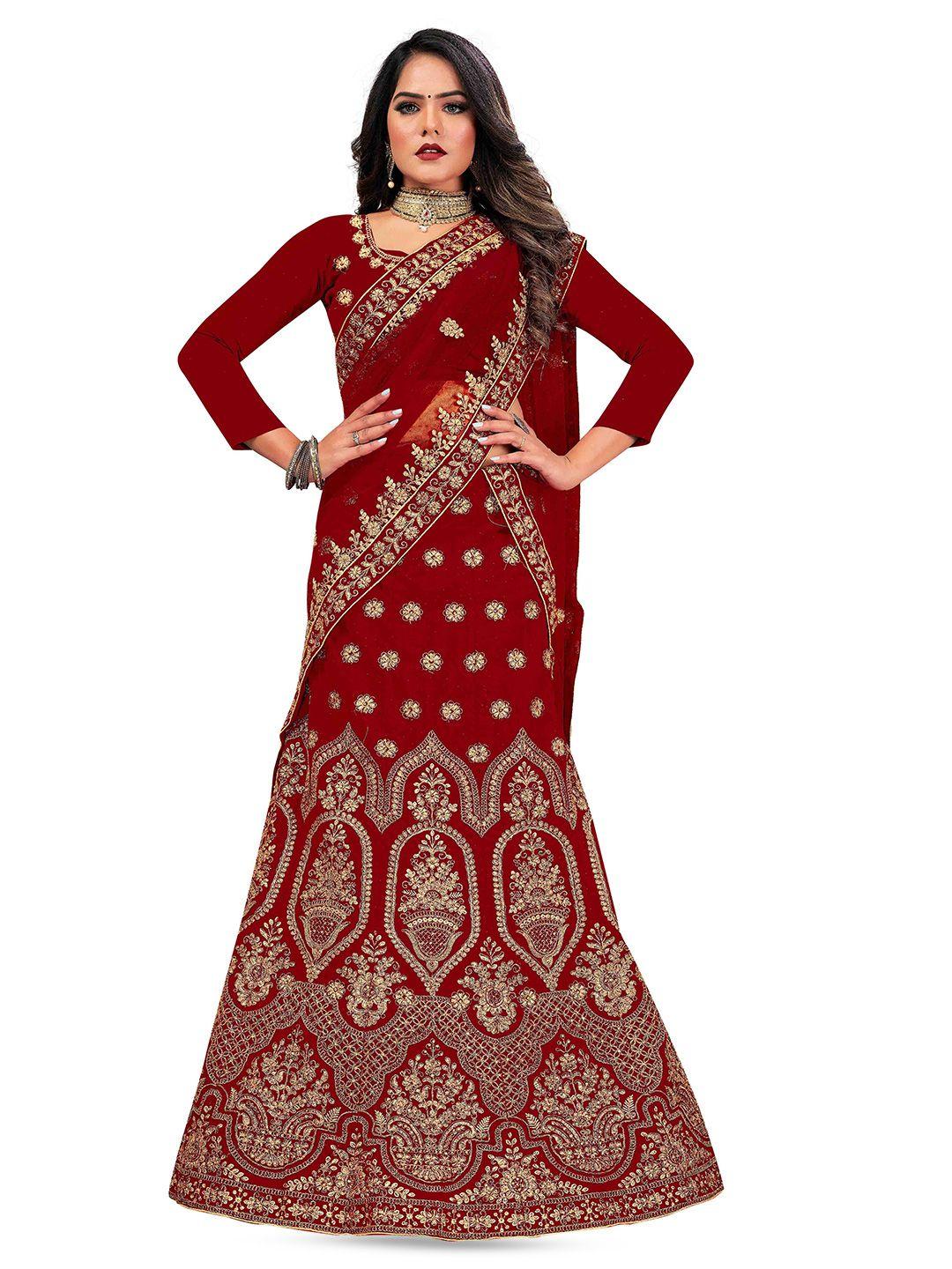 manvaa maroon & gold-toned embroidered thread work semi-stitched lehenga & unstitched blouse with dupatta