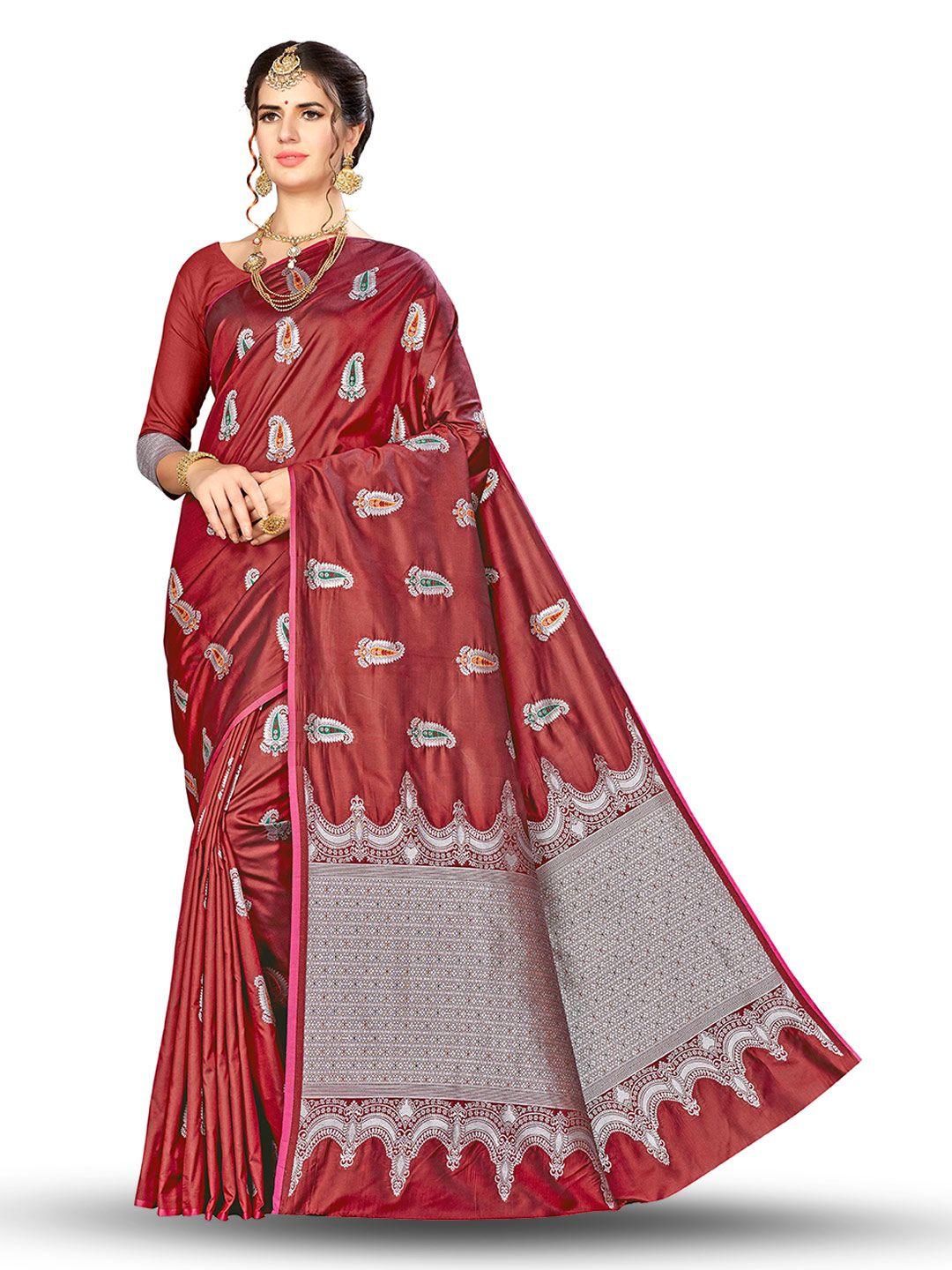 manvaa maroon & gold-toned woven design zari silk blend banarasi saree