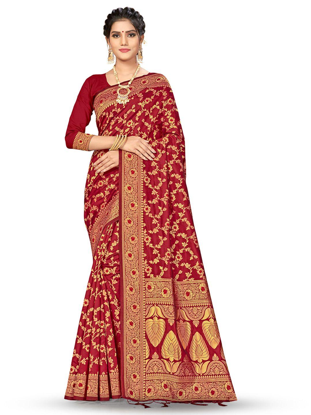 manvaa maroon & gold-toned woven design zari silk blend banarasi saree