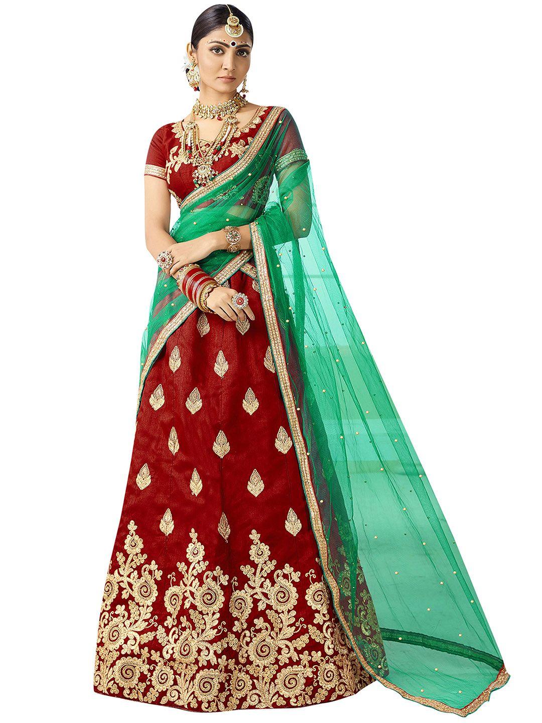 manvaa maroon & green embroidered thread work semi-stitched lehenga & unstitched blouse with dupatta