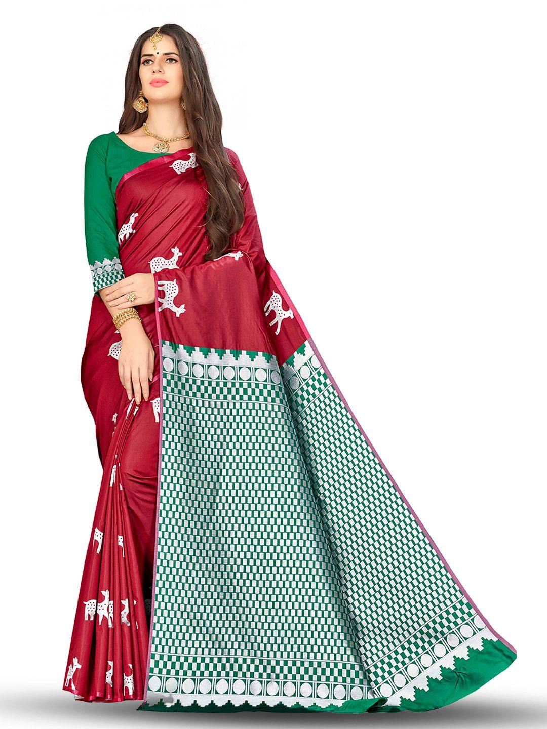 manvaa maroon & green woven design silk blend banarasi saree