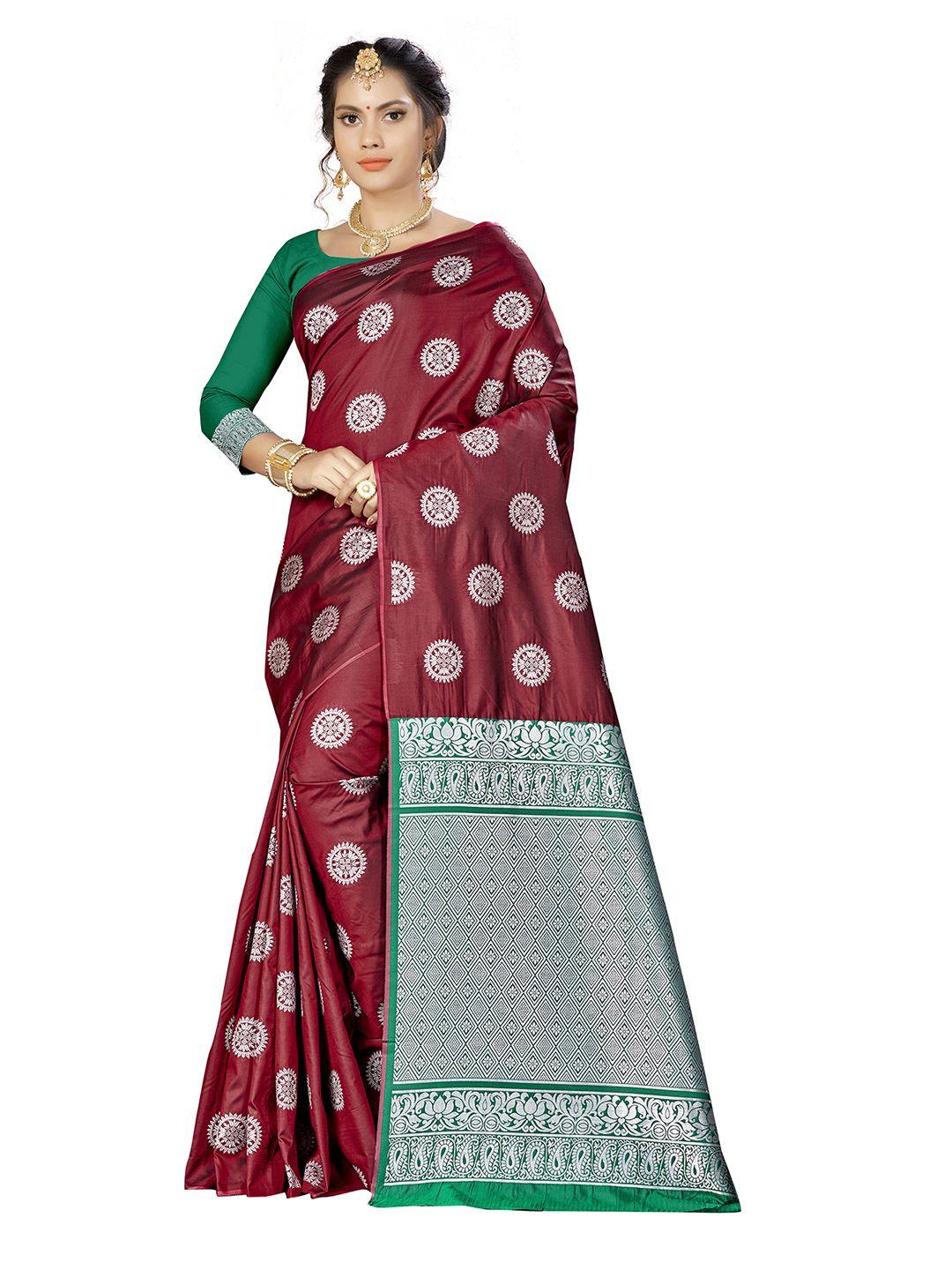 manvaa maroon & green woven design zari silk blend banarasi saree