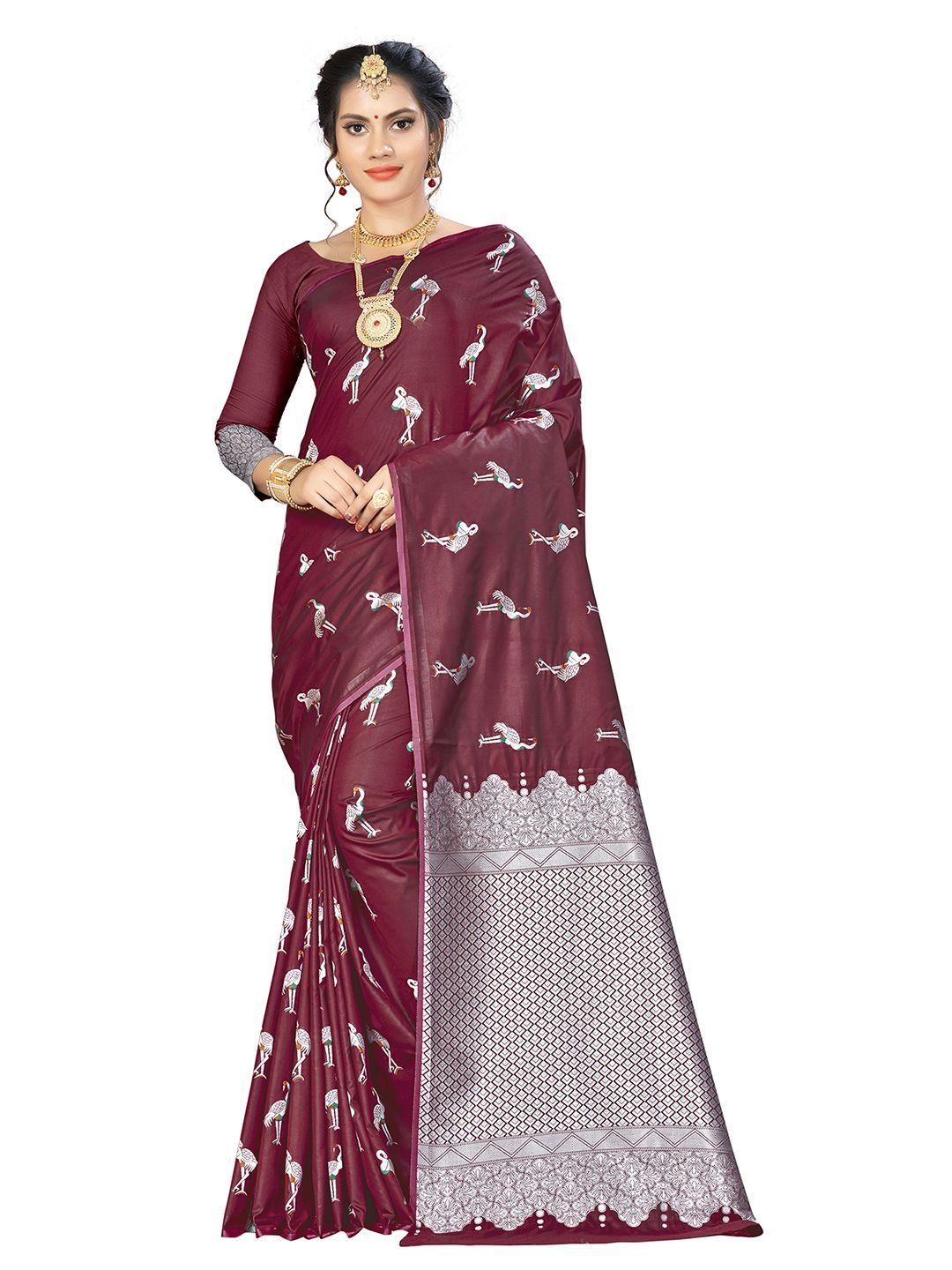 manvaa maroon & green woven design zari silk blend banarasi saree