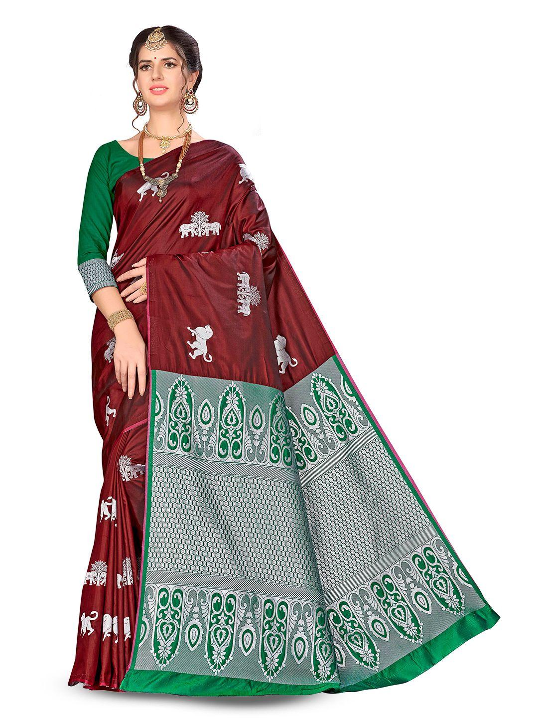 manvaa maroon & green woven design zari silk blend banarasi saree
