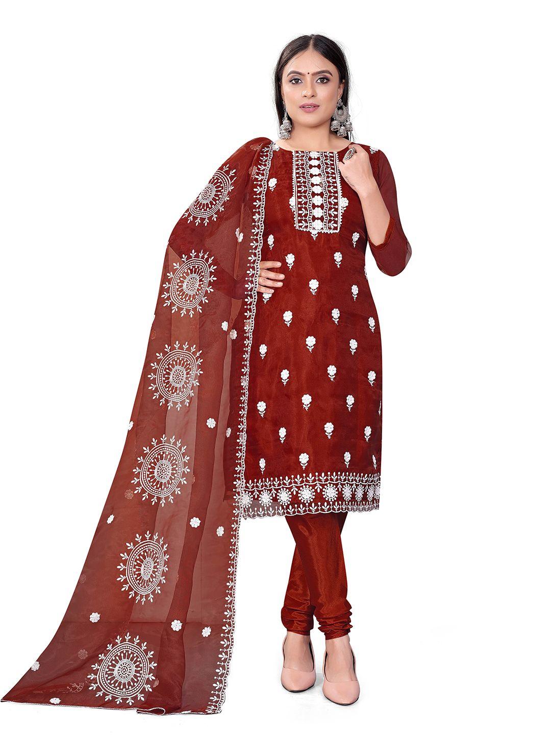 manvaa maroon embroidered organza unstitched dress material