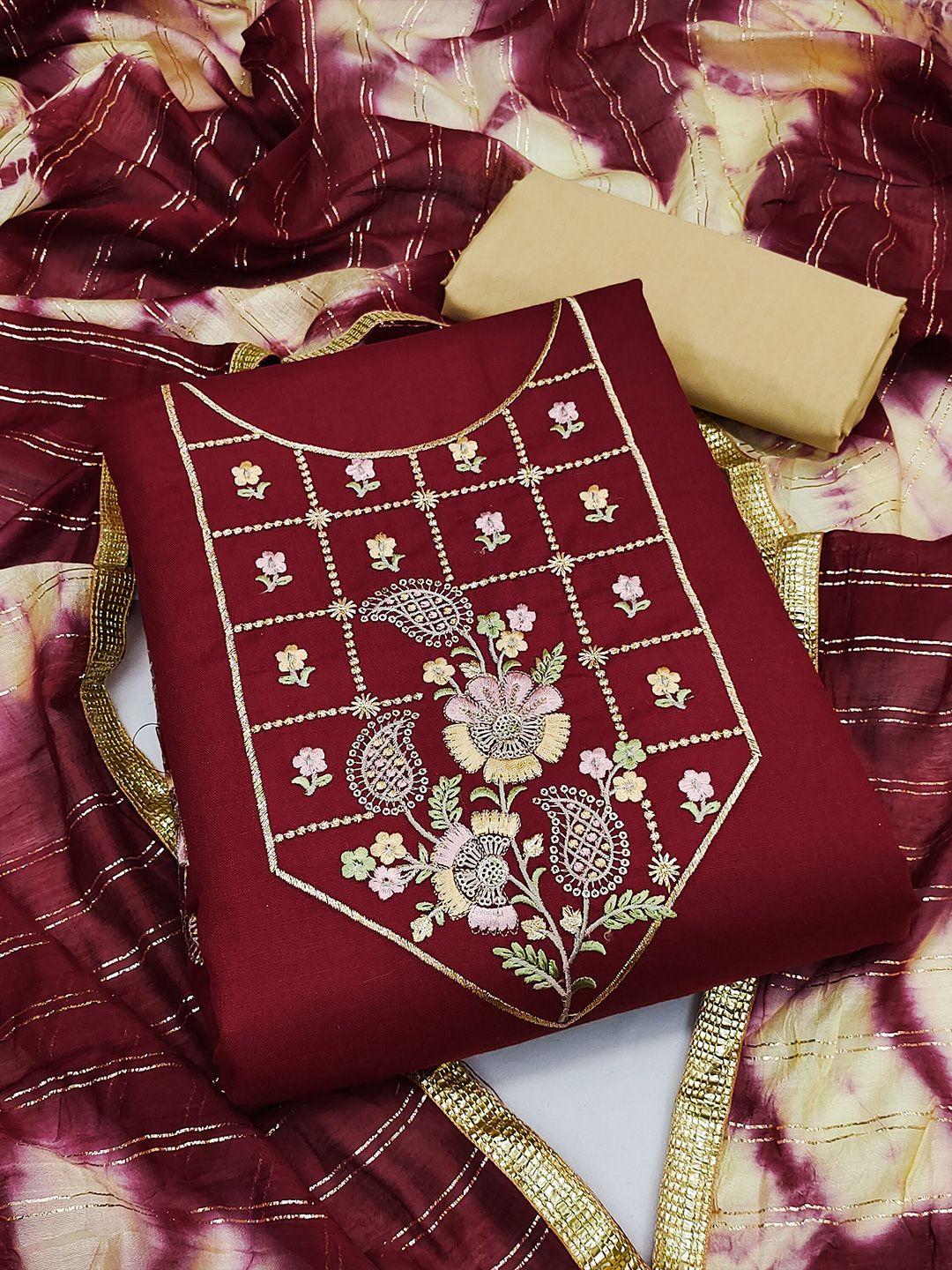 manvaa maroon embroidered pure cotton unstitched dress material