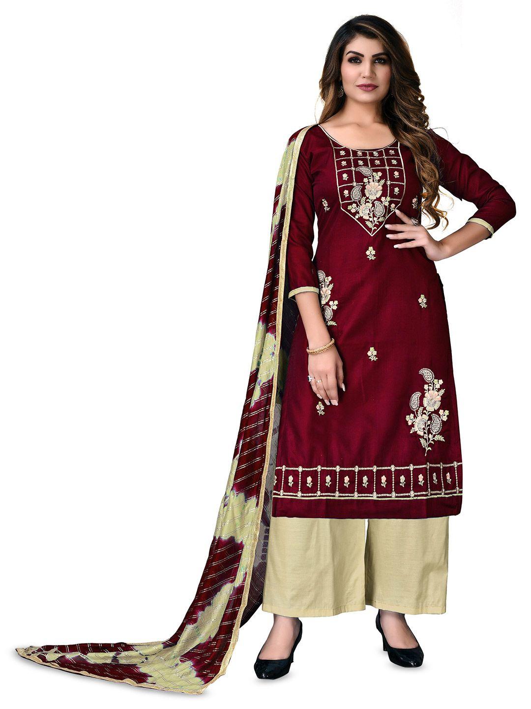 manvaa maroon embroidered pure cotton unstitched dress material