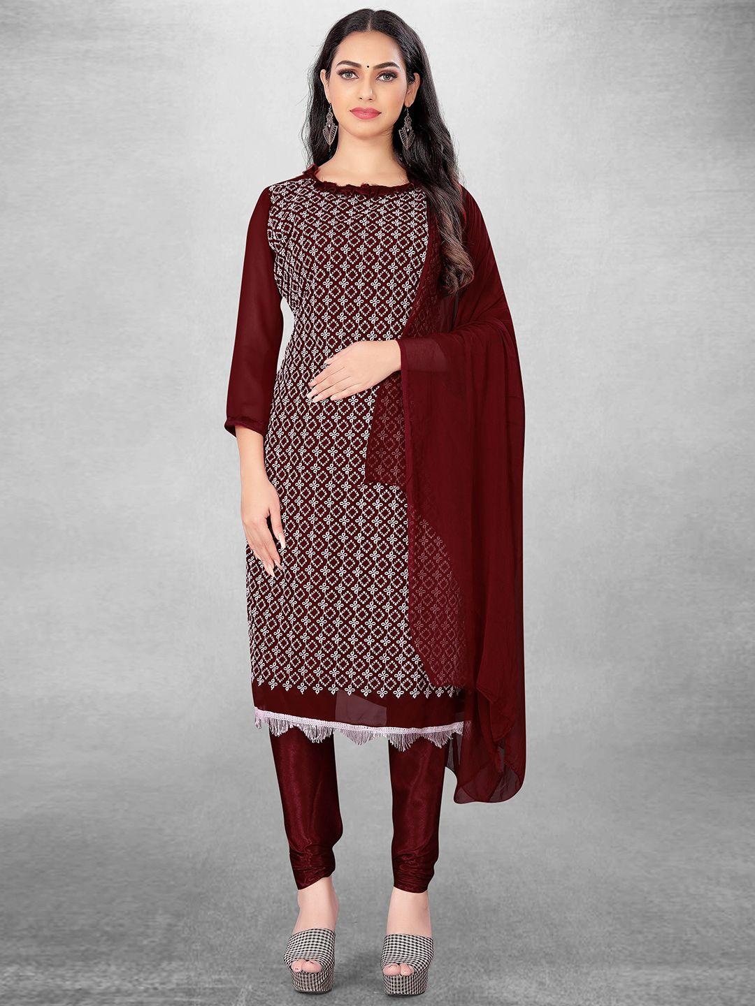 manvaa maroon embroidered silk georgette unstitched dress material